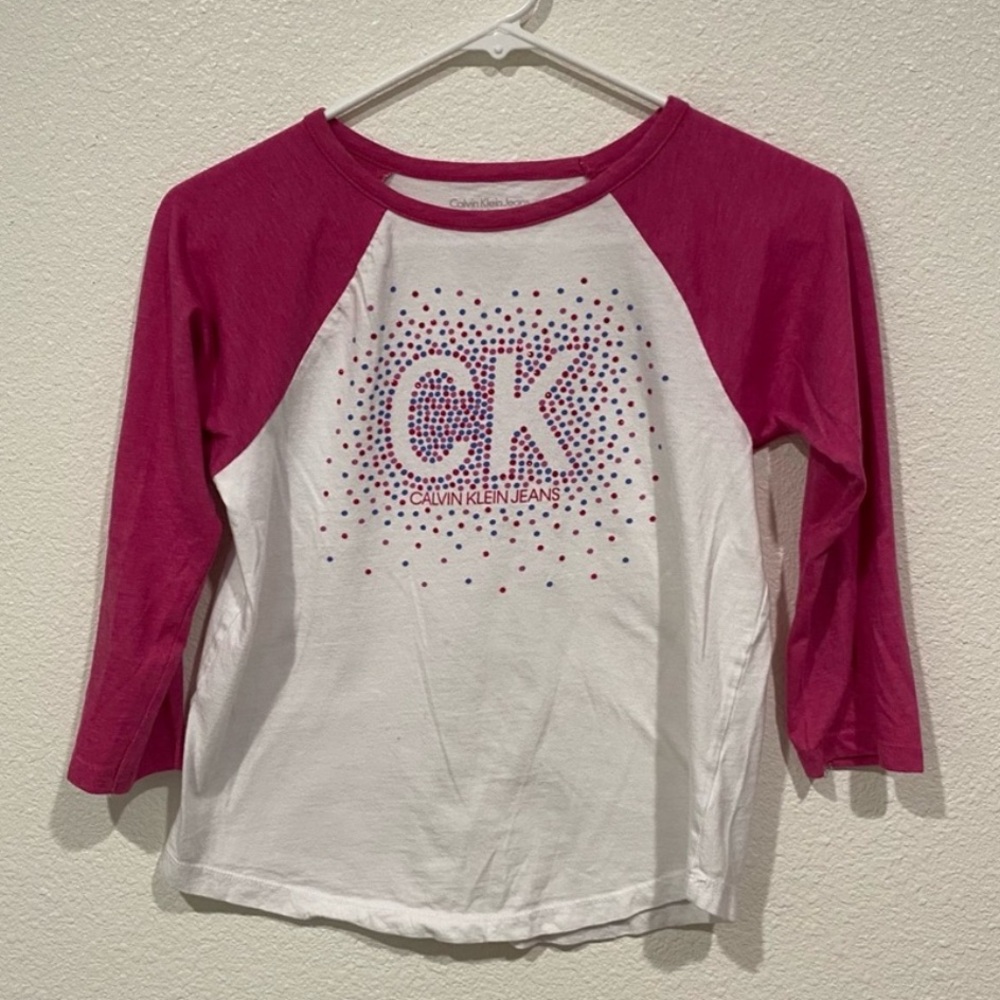 Kids Calvin Klein Girls Pink White Polka Dot Logo 3/4 Sleeve T-Shirt Size 16